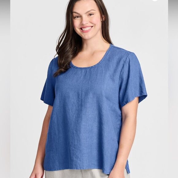 FLAX Fundamental Tee Blue Linen Boxy Oversized Scoop Neck Linen Top Large - Picture 1 of 7